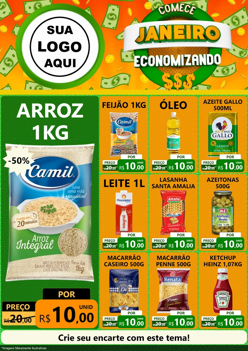 Modelo de Encarte para Encarte A4 Vertical com o tema Comece Janeiro Economizando para Supermercado