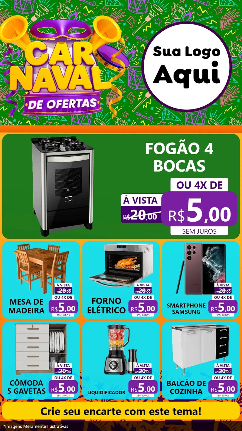 Modelo de Rede Social para Stories com o tema Carnaval de Ofertas para Móveis e Eletro