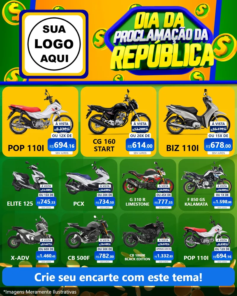 Modelo de Rede Social para Feed Instagram com o tema Dia Da Proclamação da República para Concessionaria de Motos