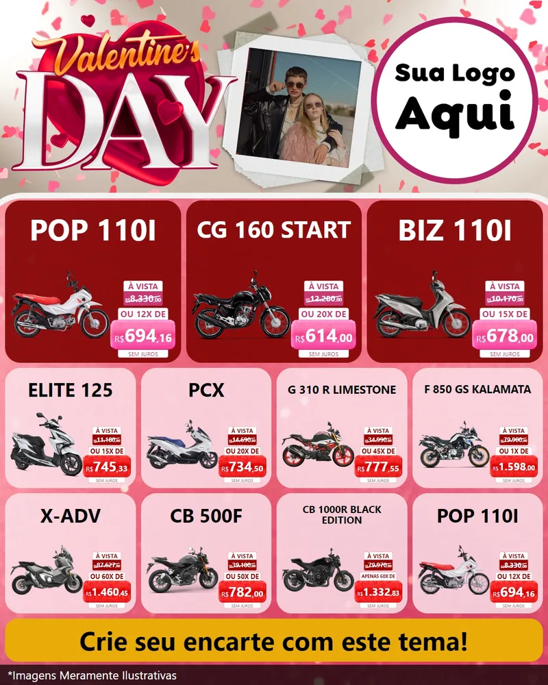 Modelo de Rede Social para Feed Instagram com o tema Valentine's Day para Concessionaria de Motos