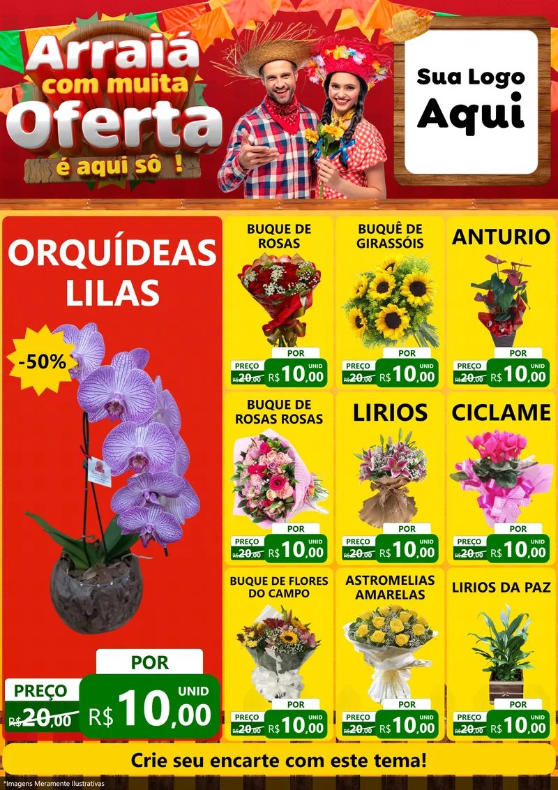 Modelo de Encarte para Encarte A4 Vertical com o tema Arraiá Com Muita Oferta - É Aqui Sô! para Floricultura e jardim