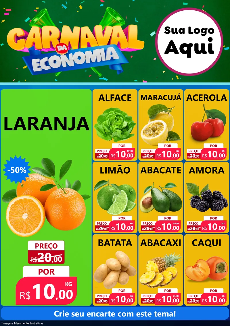 Modelo de Encarte para Encarte A4 Vertical com o tema Carnaval da Economia para Hortifrúti