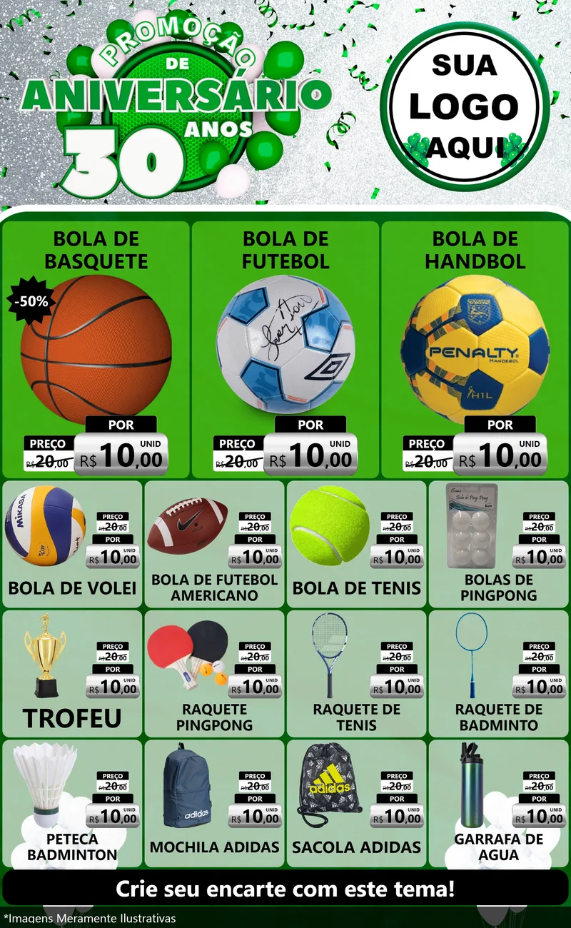 Modelo de Encarte para Encarte Grande com o tema Promoção de Aniversário - 30 Anos para Artigos Esportivos