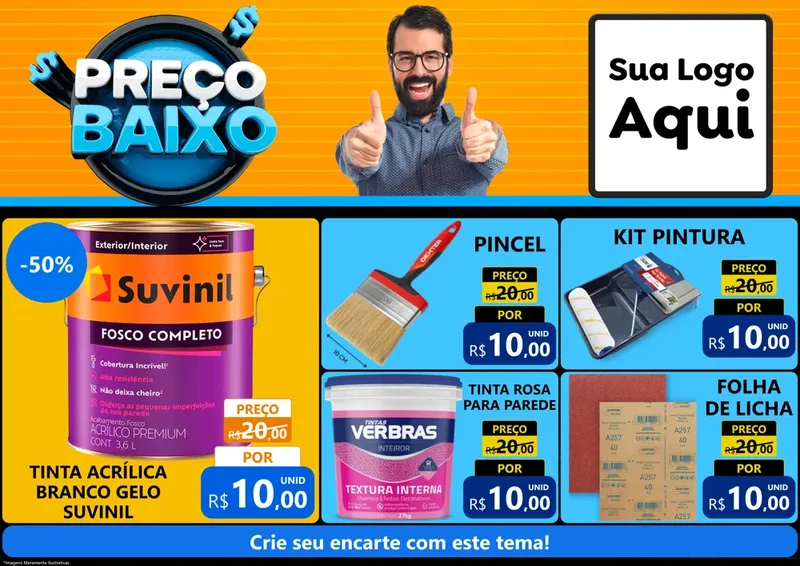 Modelo de Encarte para Encarte A4 Horizontal com o tema Preço Baixo para Tintas e Ferramentas