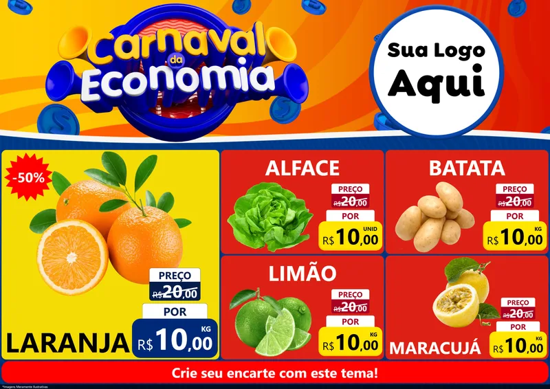 Modelo de Encarte para Encarte A4 Horizontal com o tema Carnaval da Economia para Hortifrúti