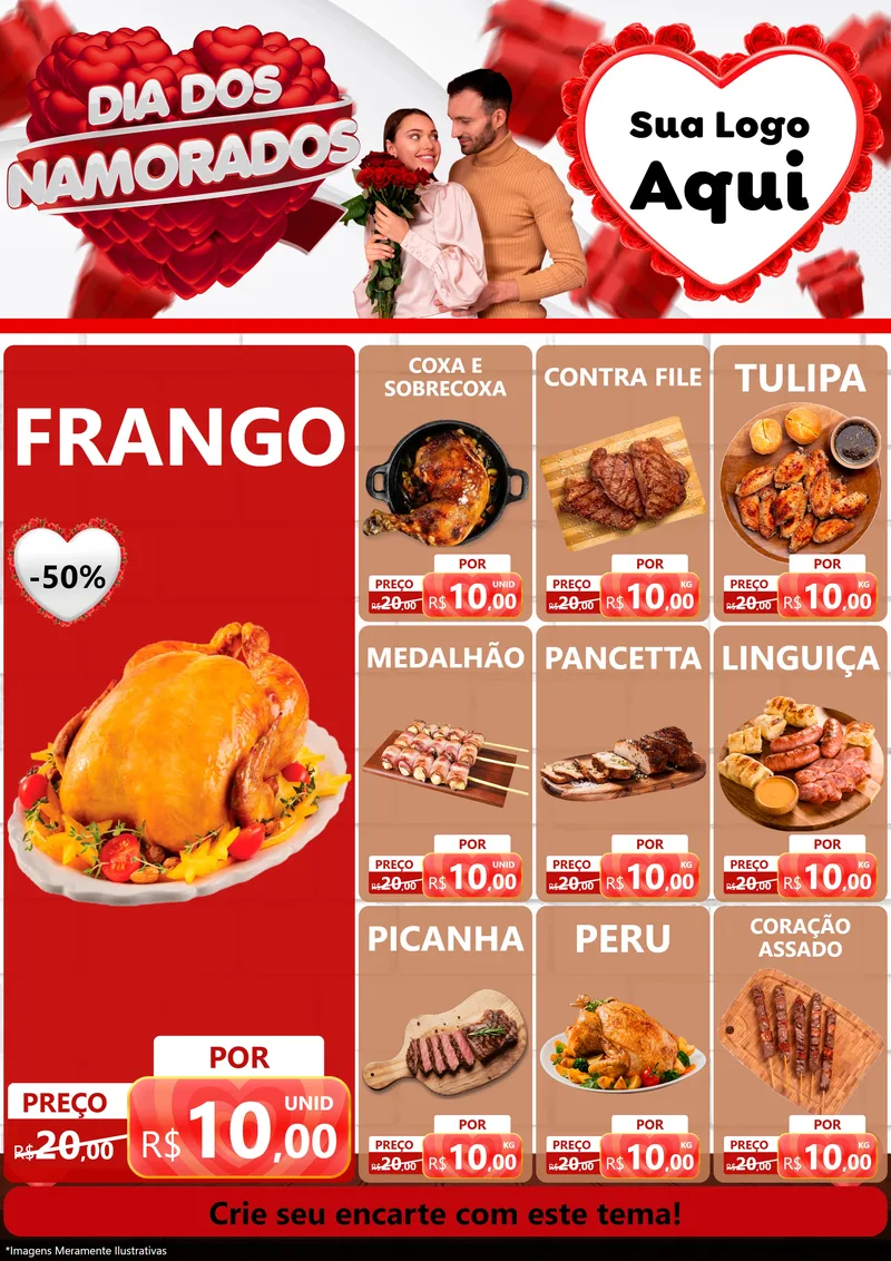 Modelo de Encarte para Encarte A4 Vertical com o tema Dia dos Namorados para Assados