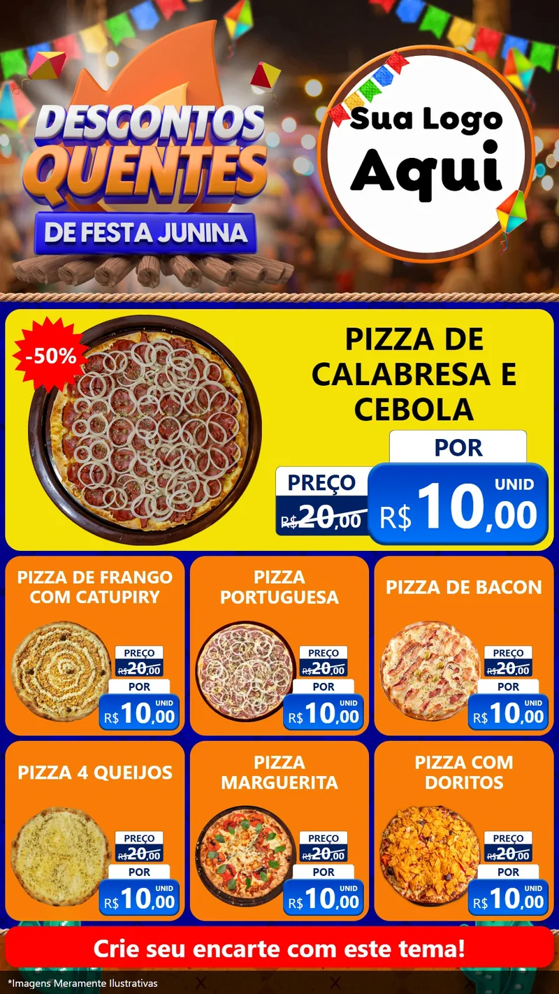 Modelo de Rede Social para Stories com o tema Descontos Quentes de Festa Junina para Pizzaria