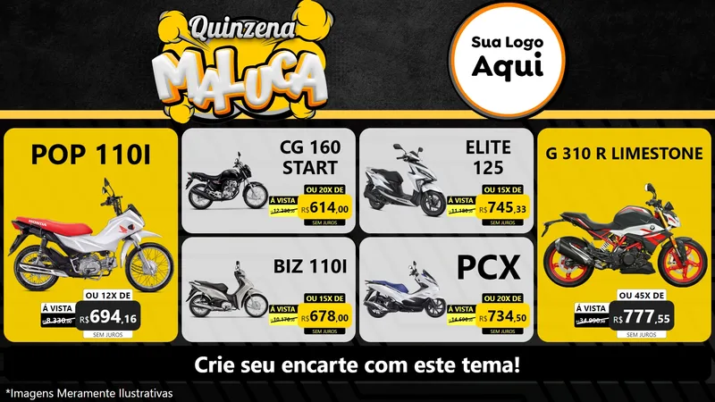 Modelo de TV para TV Horizontal com o tema Quinzena Maluca para Concessionaria de Motos