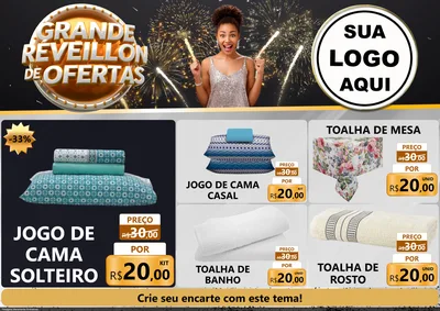 Modelo de Encarte para Encarte A4 Horizontal com o tema Grande Réveillon de Ofertas para Cama, Mesa e Banho