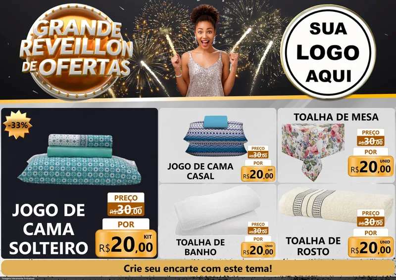 Modelo de Encarte para Encarte A4 Horizontal com o tema Grande Réveillon de Ofertas para Cama, Mesa e Banho