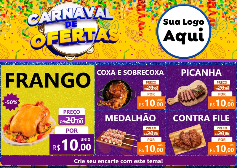 Modelo de Encarte para Encarte A4 Horizontal com o tema Carnaval de Ofertas para Assados