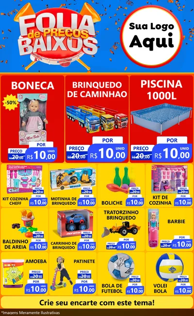 Modelo de Encarte para Encarte Grande com o tema Folia de Preços Baixos para Brinquedos