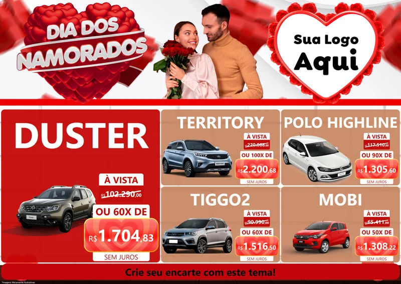 Modelo de Encarte para Encarte A4 Horizontal com o tema Dia dos Namorados para Concessionaria de Carros