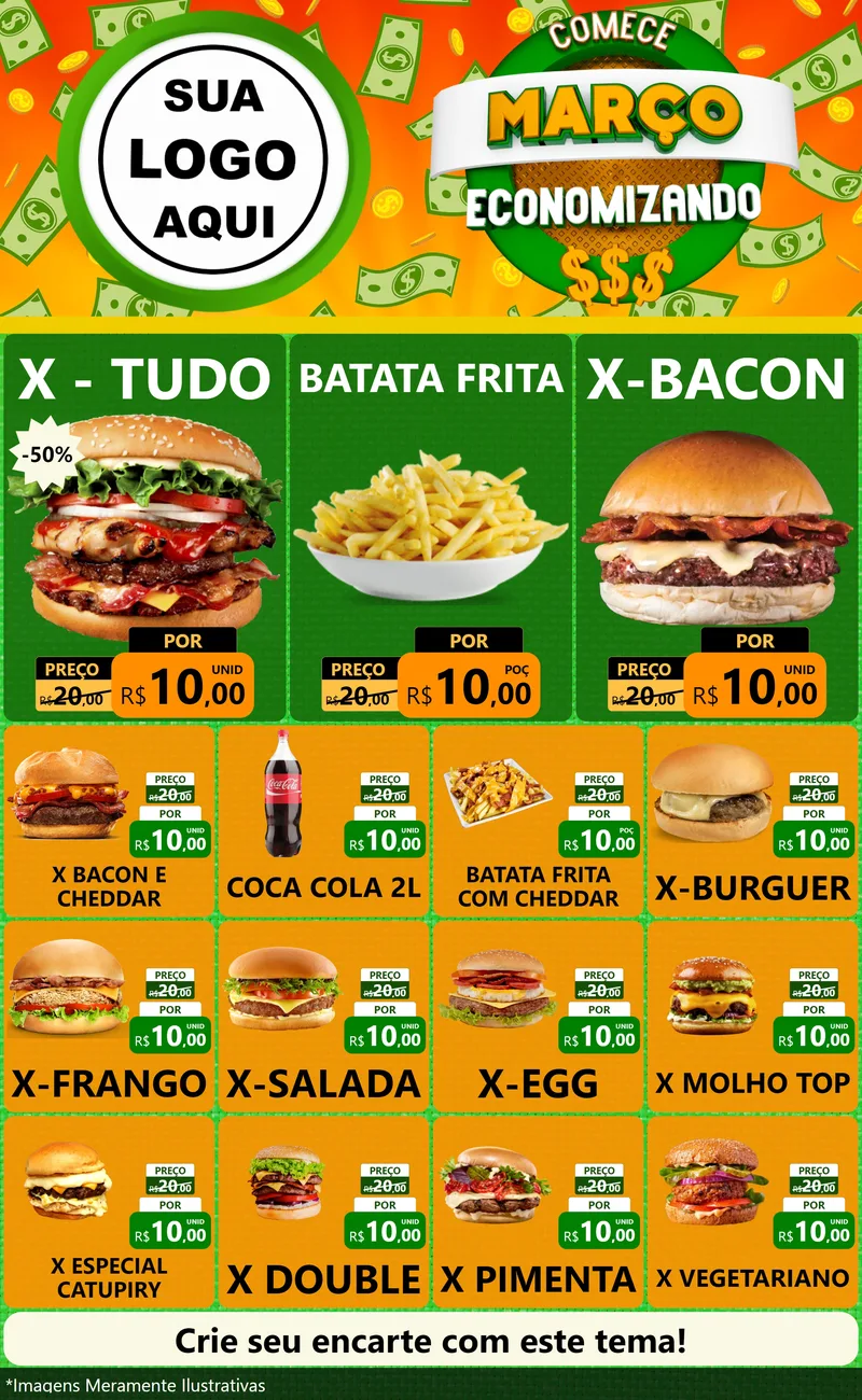 Modelo de Encarte para Encarte Grande com o tema Comece Março Economizando para Hamburgueria