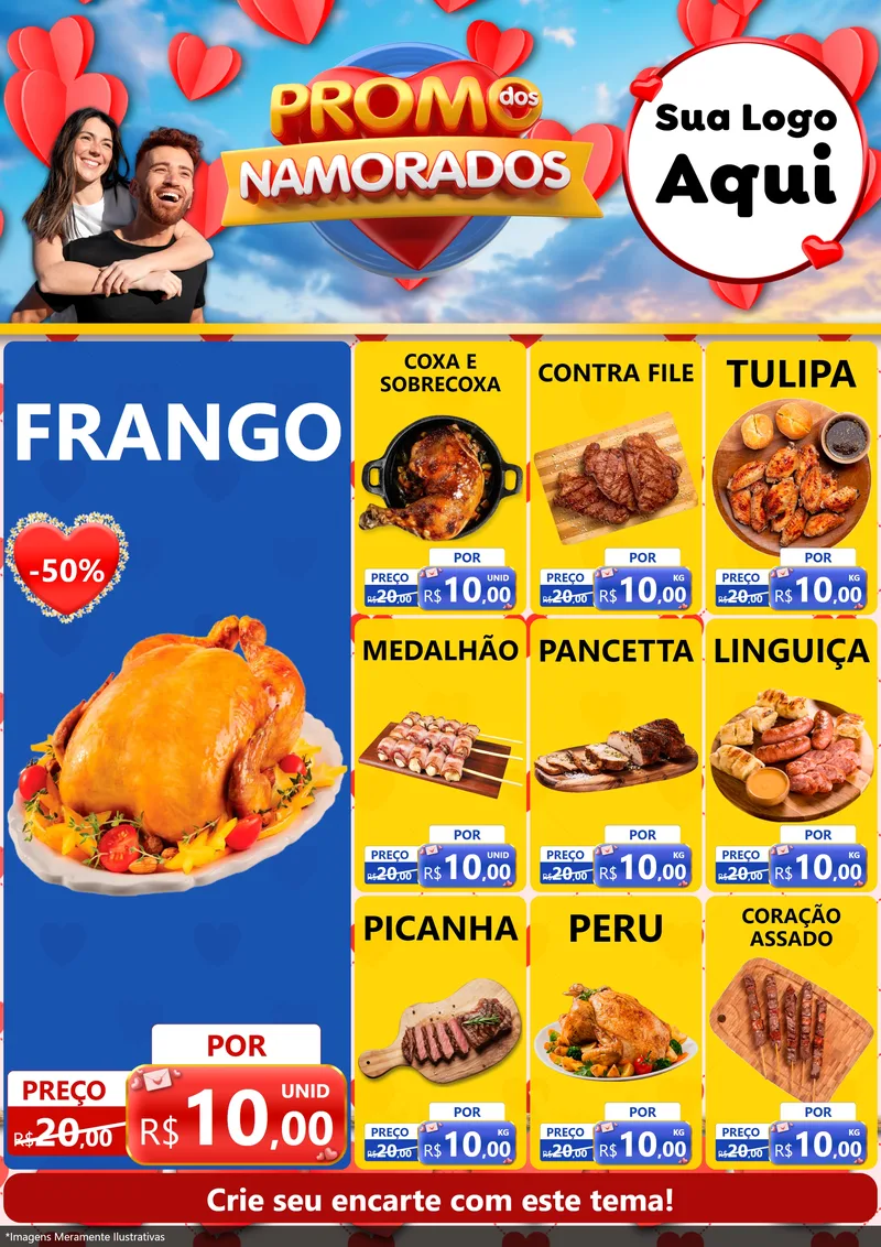Modelo de Encarte para Encarte A4 Vertical com o tema Promo dos Namorados para Assados