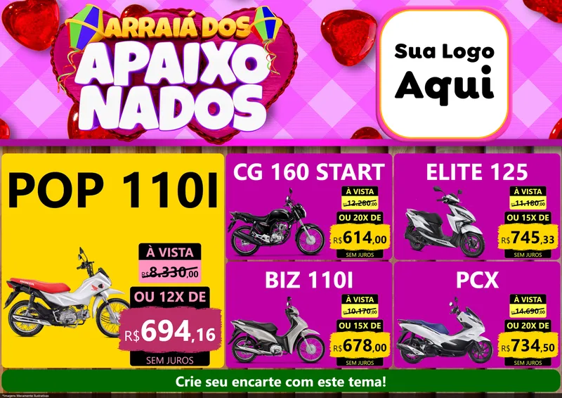 Modelo de Encarte para Encarte A4 Horizontal com o tema Arraiá dos Apaixonados para Concessionaria de Motos
