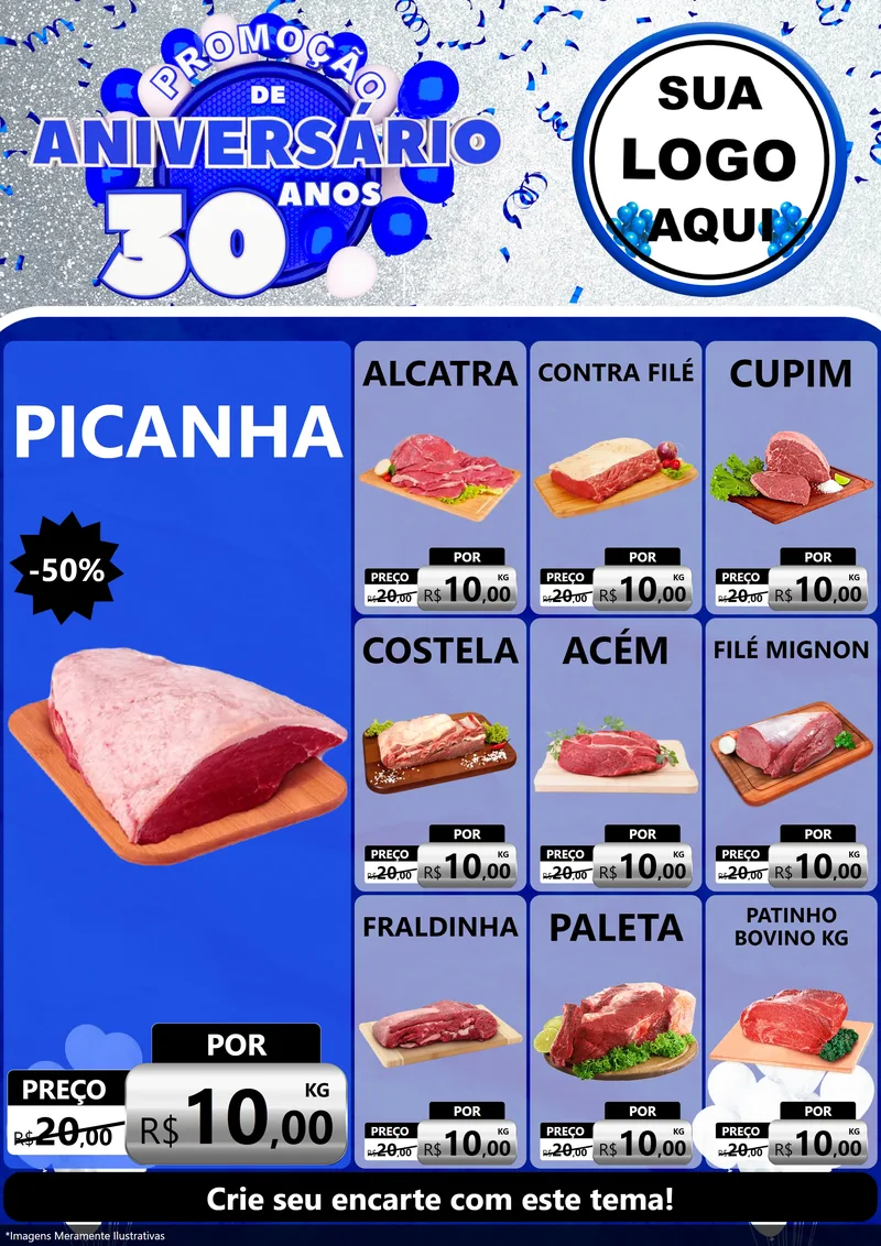 Modelo de Encarte para Encarte A4 Vertical com o tema Promoção de Aniversário - 30 Anos para Açougue