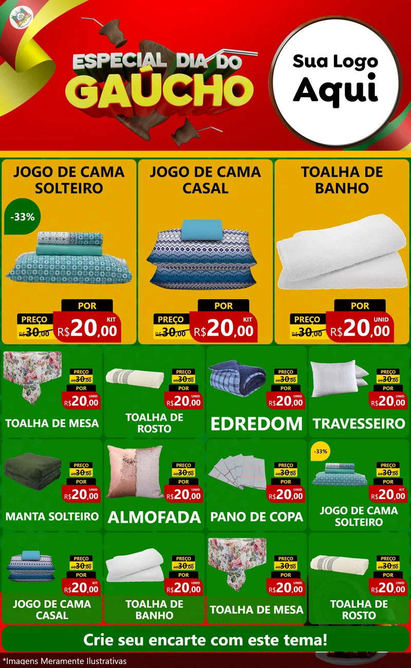 Modelo de Encarte para Encarte Grande com o tema Especial Dia do Gaúcho para Cama, Mesa e Banho