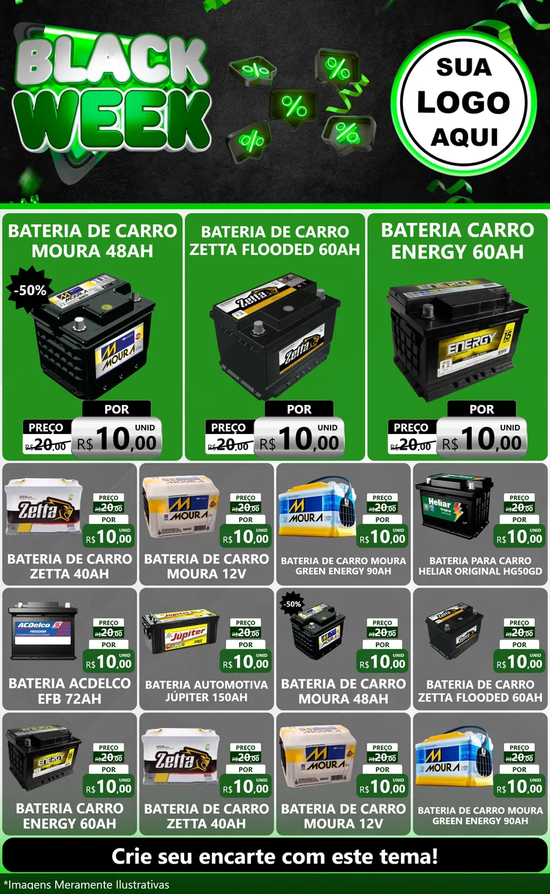 Modelo de Encarte para Encarte Grande com o tema Black Week para Baterias Elétricas