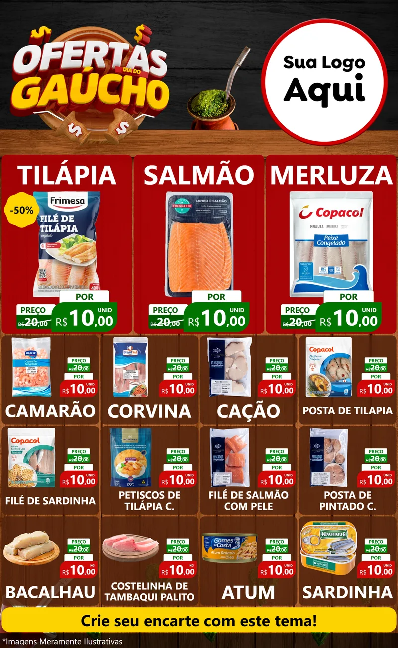 Modelo de Encarte para Encarte Grande com o tema Ofertas Dia do Gaúcho para Peixaria