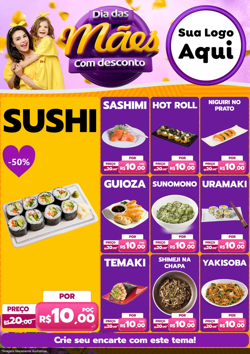 Modelo de Encarte para Encarte A4 Vertical com o tema Dia das Mães com Desconto para Comida japonesa