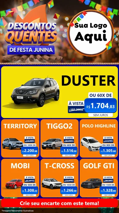 Modelo de Rede Social para Stories com o tema Descontos Quentes de Festa Junina para Concessionaria de Carros