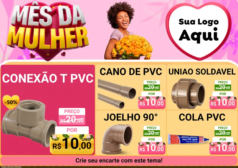 Modelo de Encarte para Encarte A4 Horizontal com o tema Mês da Mulher para Tubos e conexões