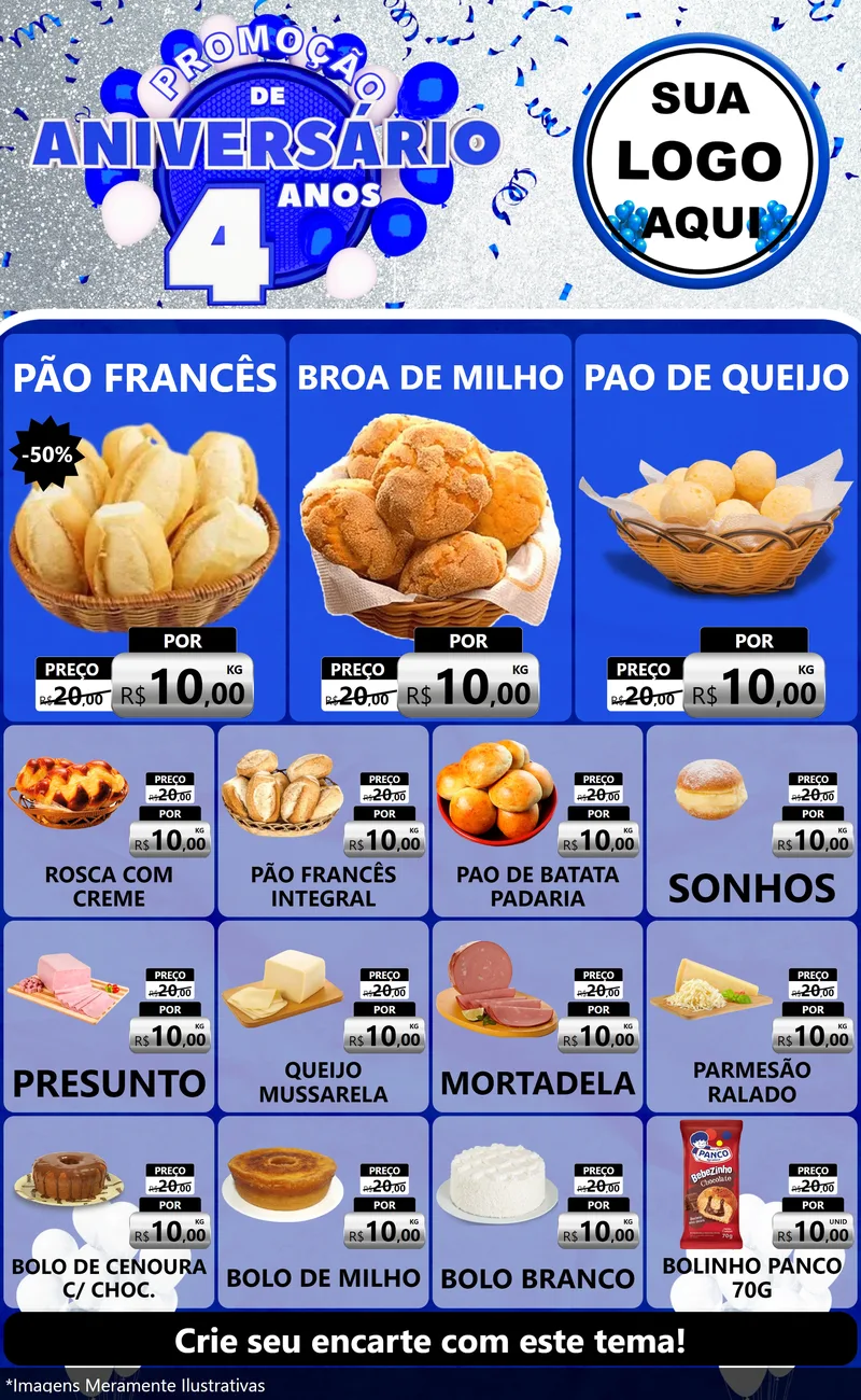 Modelo de Encarte para Encarte Grande com o tema Promoção de Aniversário - 4 Anos para Padaria