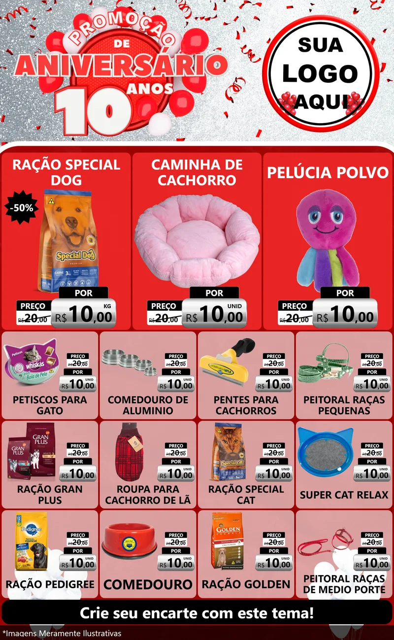 Modelo de Encarte para Encarte Grande com o tema Promoção de Aniversário - 10 Anos para Pet Shop