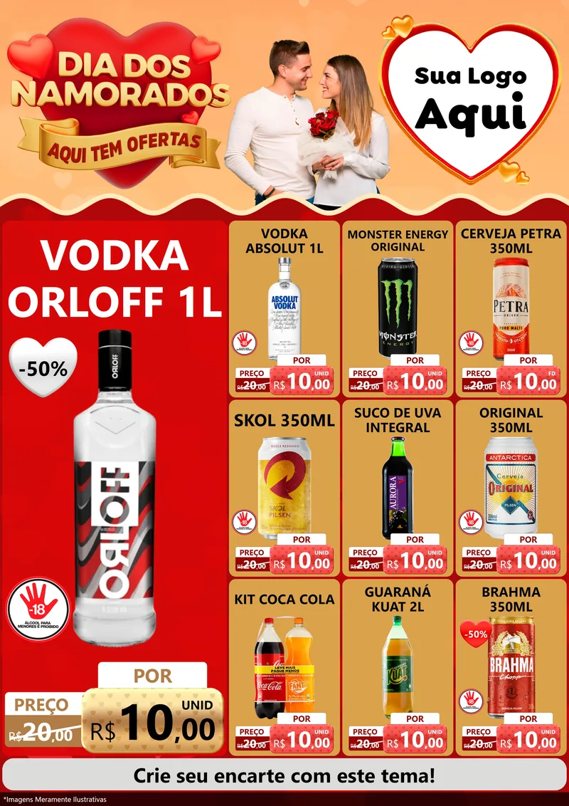 Modelo de Encarte para Encarte A4 Vertical com o tema Dia dos Namorados - Aqui Tem Ofertas para Distribuidora de bebidas