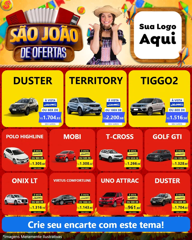 Modelo de Rede Social para Feed Instagram com o tema São João de Ofertas para Concessionaria de Carros