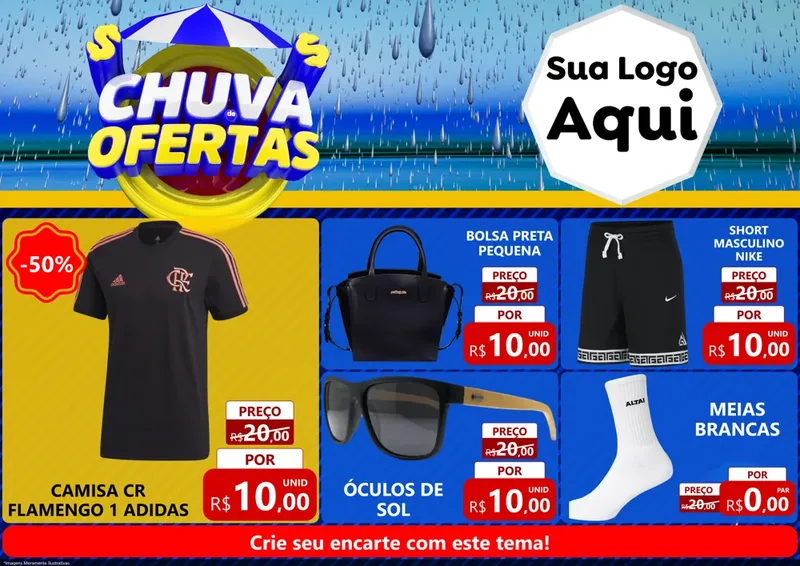Modelo de Encarte para Encarte A4 Horizontal com o tema Chuva de Ofertas para Roupas e acessórios
