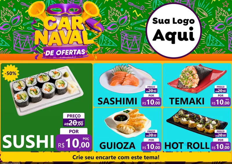 Modelo de Encarte para Encarte A4 Horizontal com o tema Carnaval de Ofertas para Comida japonesa