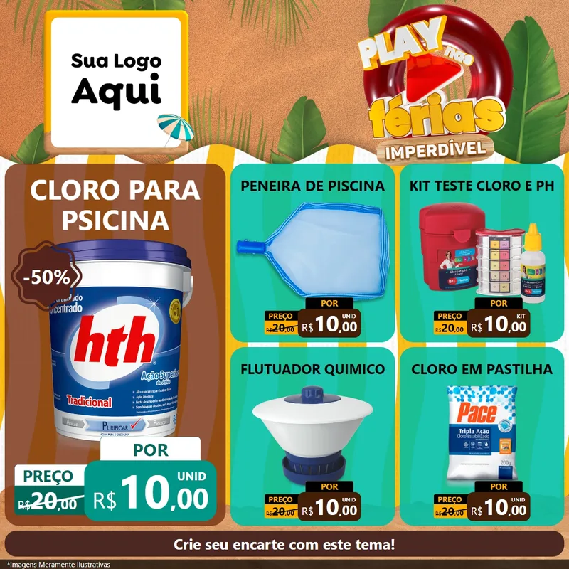 Modelo de Rede Social para Feed Facebook com o tema Play Nas Férias Imperdível para Produtos para Piscina