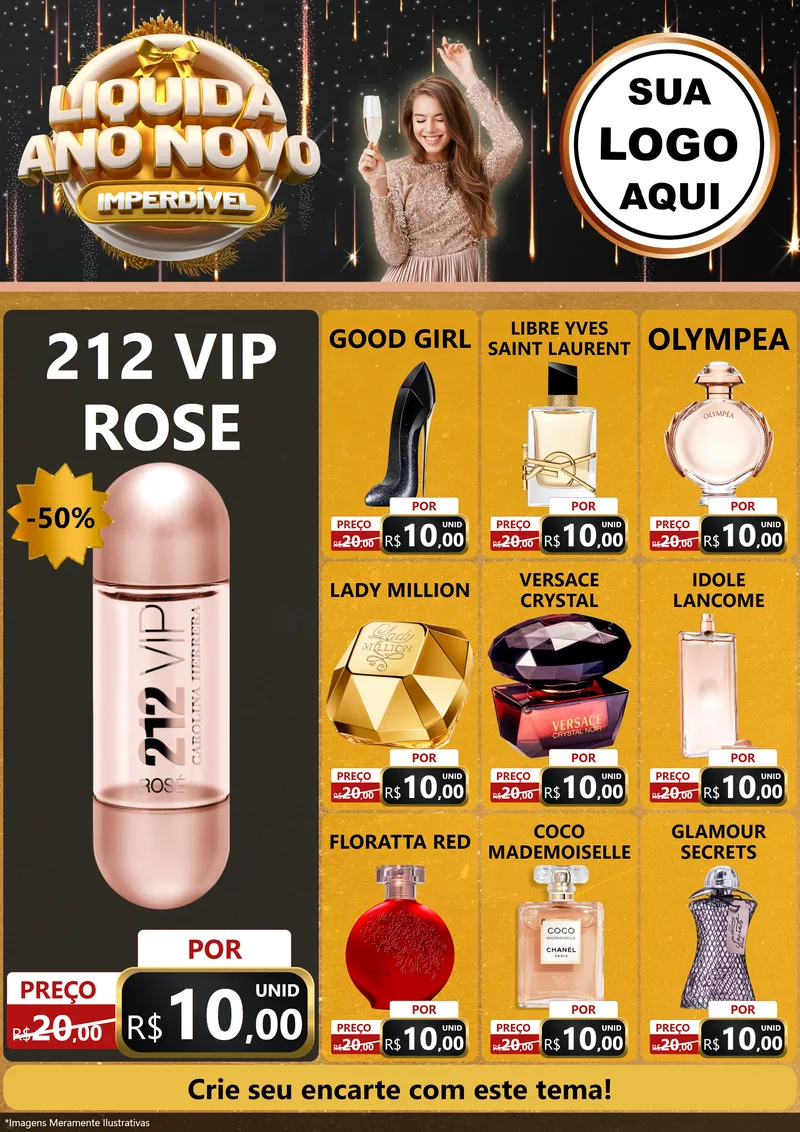 Modelo de Encarte para Encarte A4 Vertical com o tema Liquida Ano Novo Imperdível para Perfumes