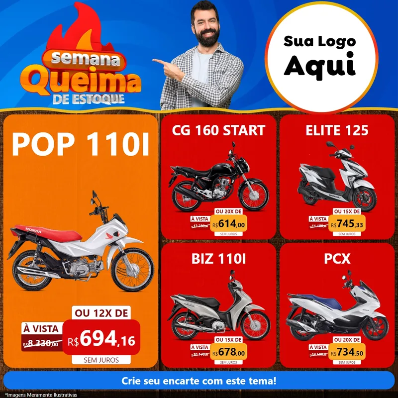 Modelo de Rede Social para Feed Facebook com o tema Semana Queima de Estoque para Concessionaria de Motos