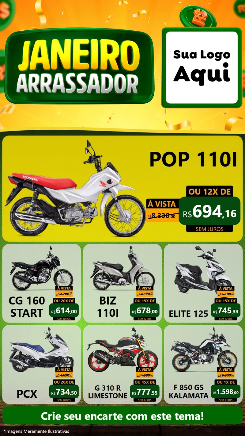 Modelo de Rede Social para Stories com o tema Janeiro Arrasador para Concessionaria de Motos