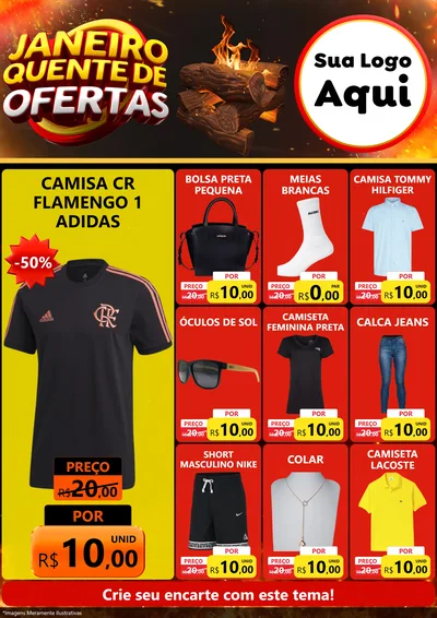 Modelo de Encarte para Encarte A4 Vertical com o tema Janeiro Quente de Ofertas para Roupas e acessórios