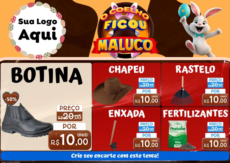 Modelo de Encarte para Encarte A4 Horizontal com o tema O Coelho Ficou Maluco - Páscoa para Agropecuária