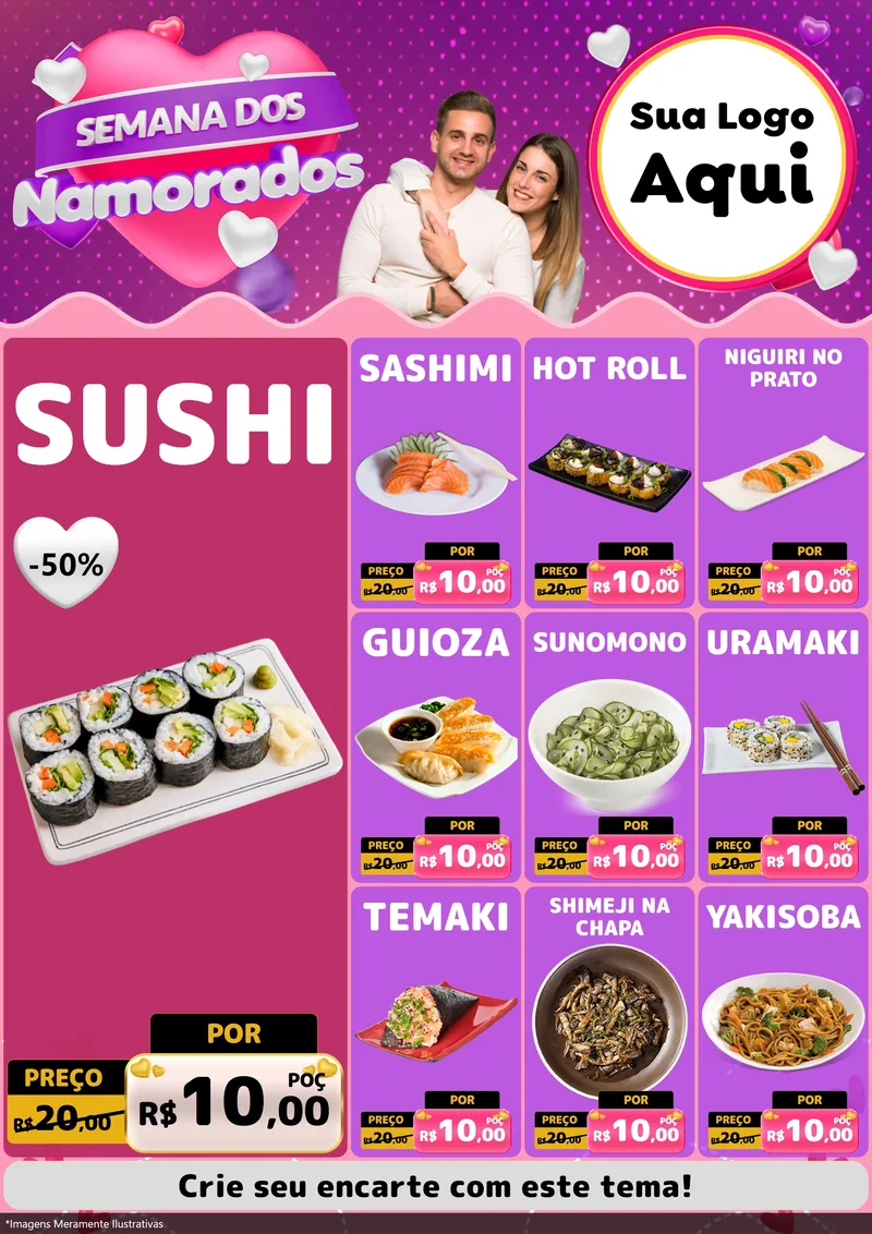 Modelo de Encarte para Encarte A4 Vertical com o tema Semana dos Namorados para Comida japonesa