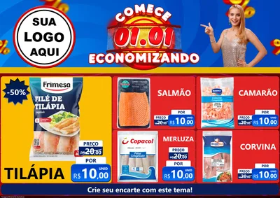 Modelo de Encarte para Encarte A4 Horizontal com o tema Comece 1º de Janeiro Economizando para Peixaria