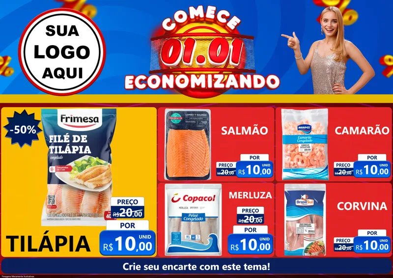 Modelo de Encarte para Encarte A4 Horizontal com o tema Comece 1º de Janeiro Economizando para Peixaria