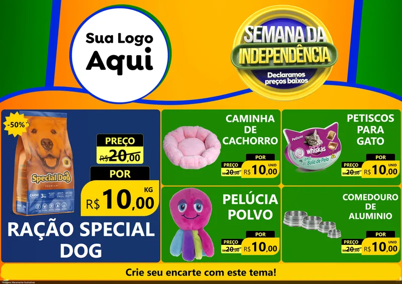 Modelo de Encarte para Encarte A4 Horizontal com o tema Semana da Independência Declaramos Preços Baixos para Pet Shop