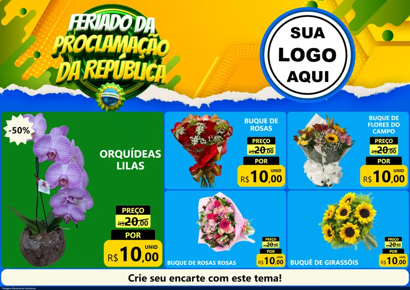 Modelo de Encarte para Encarte A4 Horizontal com o tema Feriado da Proclamação da República para Floricultura e jardim