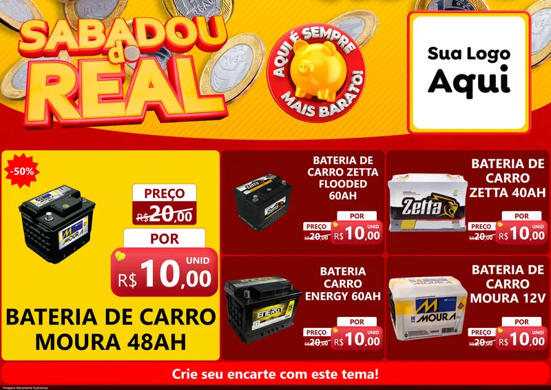 Modelo de Encarte para Encarte A4 Horizontal com o tema Sabadou do Real para Baterias Elétricas