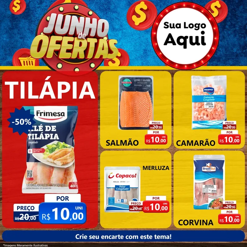 Modelo de Rede Social para Feed Facebook com o tema Junho de Ofertas para Peixaria
