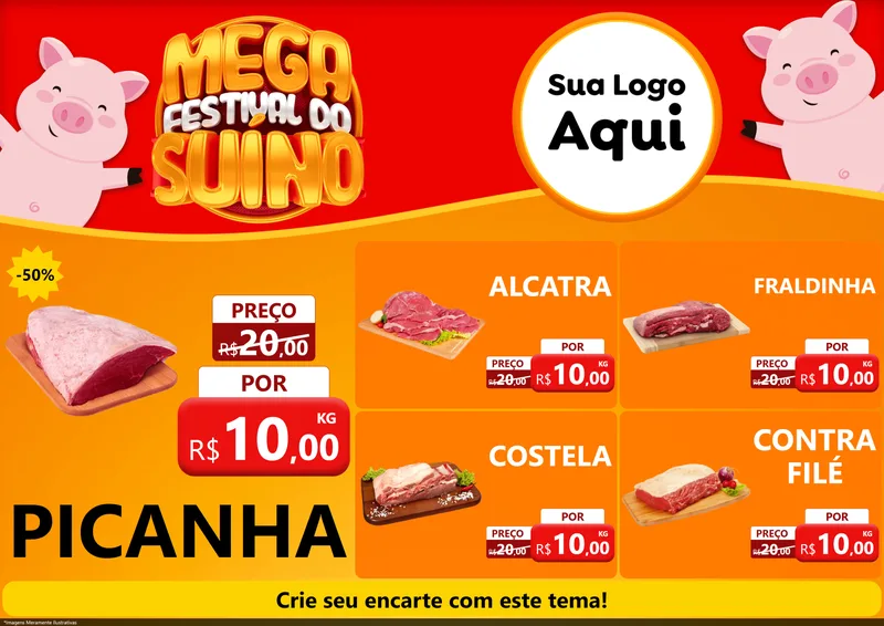 Modelo de Encarte para Encarte A4 Horizontal com o tema Mega Festival do Suíno para Açougue