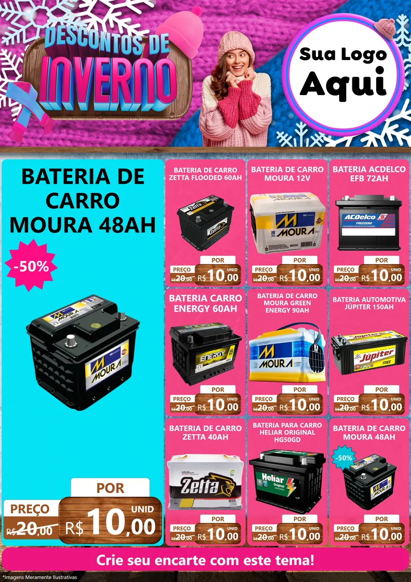 Modelo de Encarte para Encarte A4 Vertical com o tema Descontos de Inverno para Baterias Elétricas
