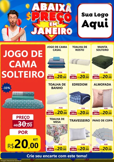 Modelo de Encarte para Encarte A4 Vertical com o tema Abaixa Preço em Janeiro para Cama, Mesa e Banho