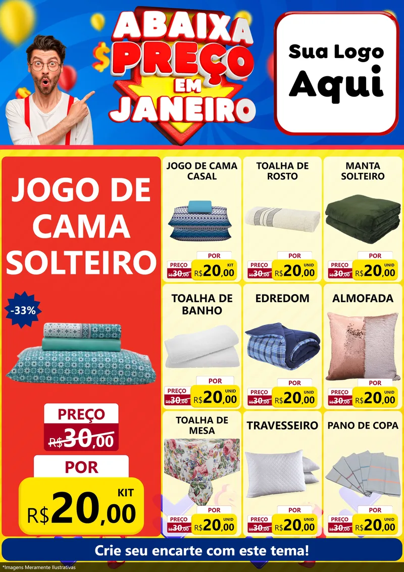Modelo de Encarte para Encarte A4 Vertical com o tema Abaixa Preço em Janeiro para Cama, Mesa e Banho